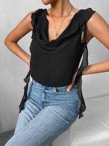 Chiquease Women's Fashionable Solid Color Simple Draped Neck Asymmetrical Cut Sleeveless Shirt - Black - View 5