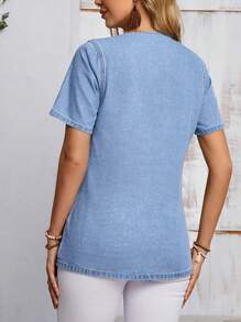 SHEIN LUNE 女款短袖牛仔頂，配有鈕扣 - 藍色 - 查看 2