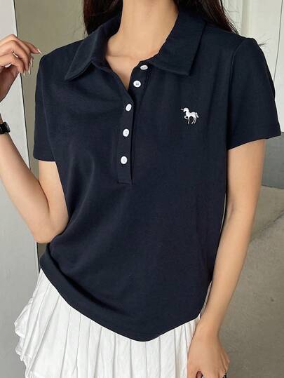 DAZY Women's Summer Unicorn Print Polo Collar Short Sleeve Casual T-Shirt,Business Casual Women