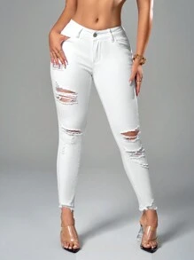 SHEIN SXY Women's Solid Color Skinny Jeans With Distressed Details, For Daily Wear - White - View 5