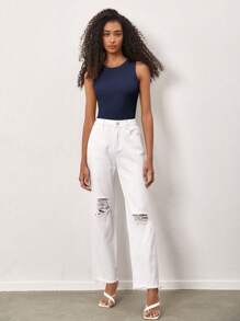 SHEIN BASICS Áo ba lỗ không tay màu trơn đơn giản cho nữ, trang phục hàng ngày - Màu xanh hải quân - Xem 3