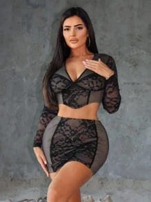 SHEIN SXY Conjunto de top corto sexy y falda mini ajustada de encaje para conciertos del Club del Orgullo para mujeres, verano