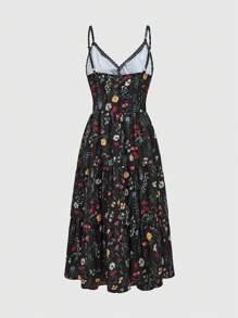 ROMWE Fairycore Floral Allover Print Strappy Vacation Style Dress - Black - View 2