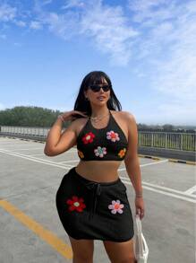 Flirla 大尺碼女士手工彩印空心針織套裝 - 黑色 - 查看 5