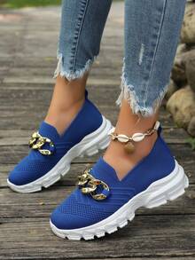 女性時尚針織網面運動鞋/大尺碼鍊條舒適學生鞋/戶外透氣運動鞋 - 藍色 - 查看 3