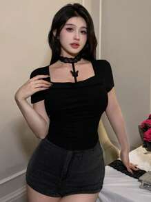 DAZY Women Square Neck Short Sleeve T-Shirt Summer - Black - View 6