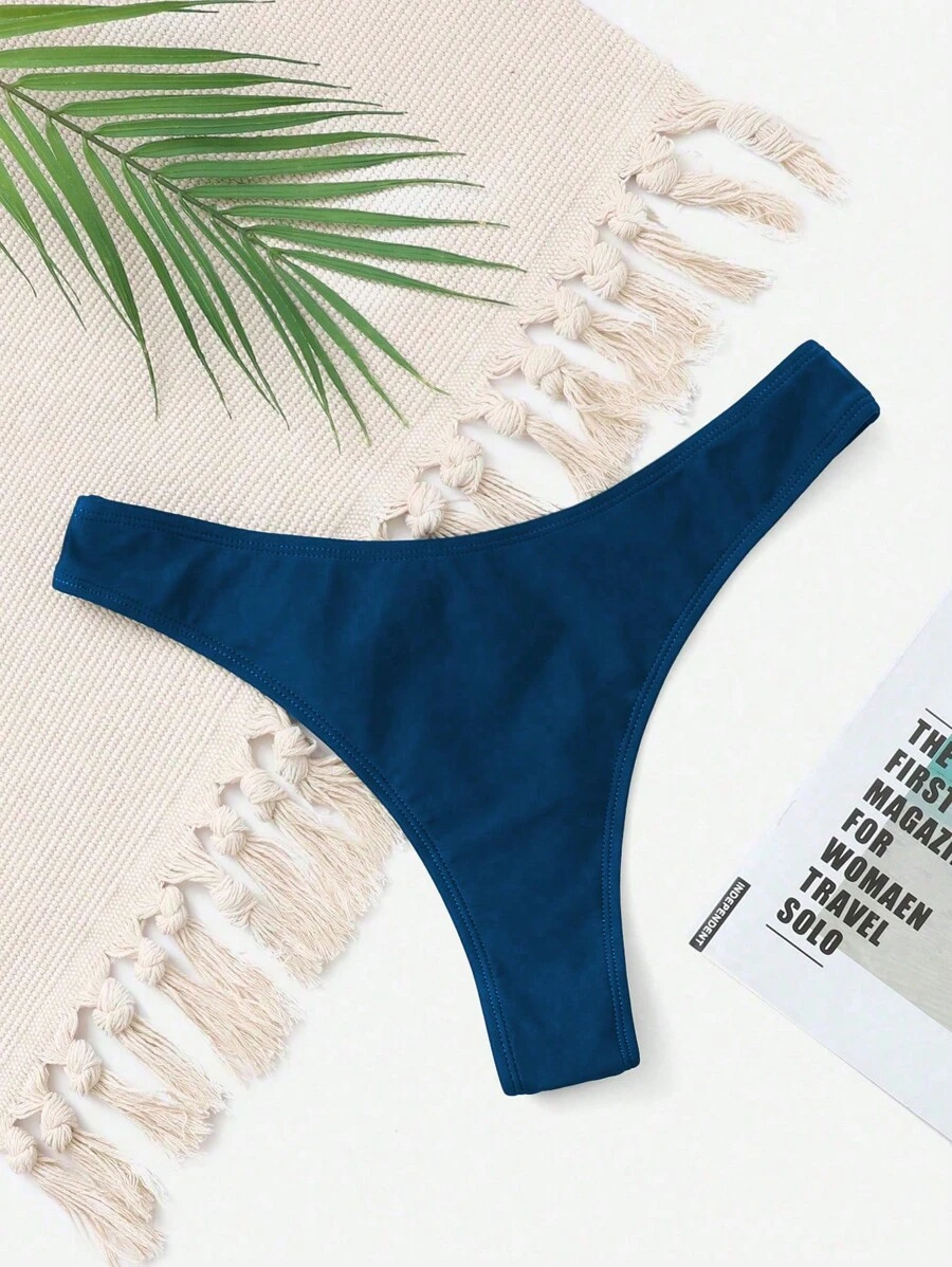 SHEIN Swim 夏季純色比基尼下褲 - 藍色 - 查看 1