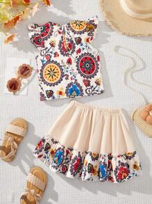 SHEIN Baby Girl Lovely Floral Cap Sleeve Top & Ruffle Hem Skirt Set, Perfect For Summer Vacation