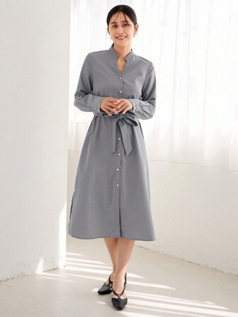 Aveloria Women's Commuter Shirt Dress With Belted Waist, Long Sleeves And Stand Collar Fall Cloth For Women