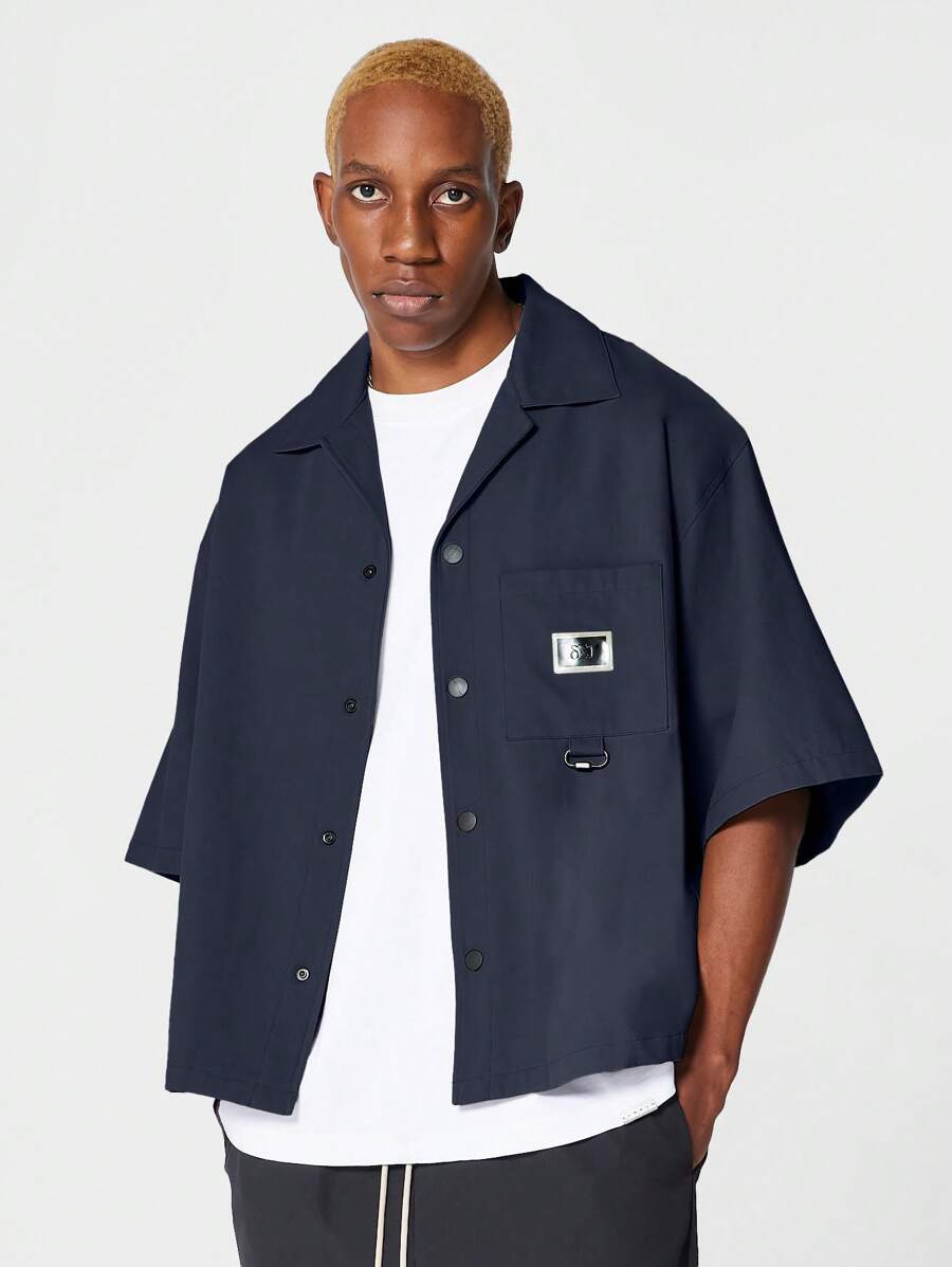 SUMWON Boxy Fit Shirt With Front Pocket - Navy Blue - View 1