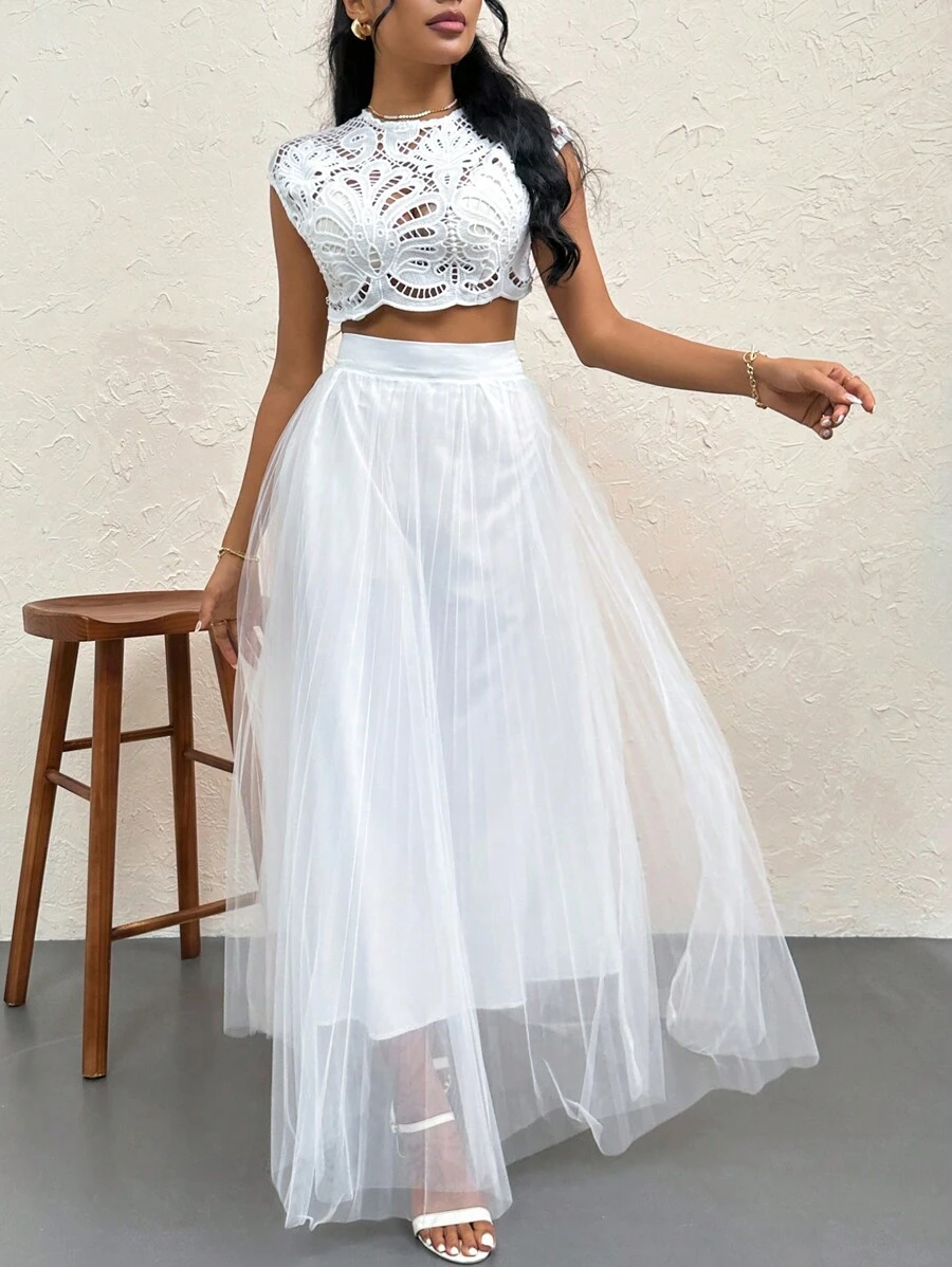 Firerie Áo crop top hở lưng phối ren màu trơn & thanh lịch lãng mạn & thanh lịch dành cho nữ, thích hợp để hẹn hò, tụ tập, tiệc tùng và đi nghỉ hàng ngày - trắng - Xem 1