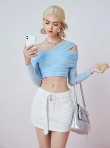 SHEINNeu Women's Spring/Summer Solid Color Asymmetrical Collar Pleated Long Sleeve Short Slim T-Shirt