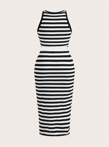 SHEIN EZwear Bộ 2 món dệt kim không tay sọc trắng đen cỡ lớn dành cho nữ - Đen và trắng - Xem 6