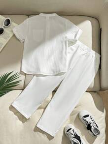 SHEIN Leap Crew 2 chiếc Áo sơ mi thoáng khí và quần bảo hộ lao động màu trắng dành cho chàng trai trẻ, thoải mái, thời trang và thiết thực, phù hợp với phong cách Hàn Quốc, phù hợp cho mùa xuân và mùa hè - trắng - Xem 2