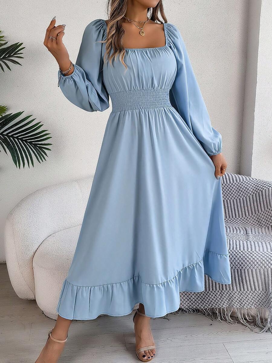 Real Shot Spring/Summer Elegant Square Collar Waist-Cinching Swing Dress With Ruffle Trim - Baby Blue - View 1