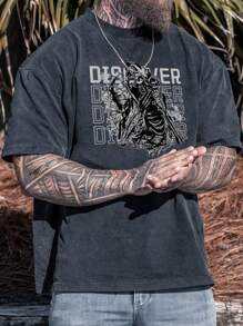 Camiseta lavada de cuello redondo y manga corta con estampado de letras para hombre en verano - Negro - Ver 1