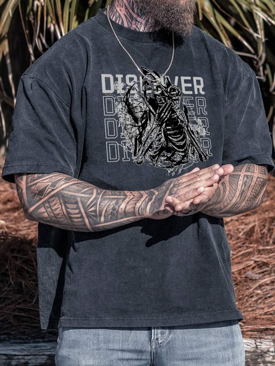 Camiseta lavada de cuello redondo y manga corta con estampado de letras para hombre en verano - Negro - Ver 1