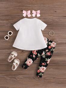 SHEIN Leap Crew Cute Knitted Butterfly Pattern Short Sleeve T-Shirt And Floral Printed Pants Set For Baby Girls - White - View 3