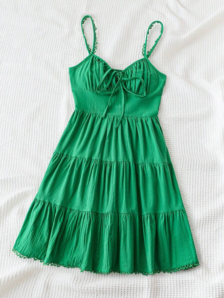 Women Summer Holiday Casual Green Tiered Lace Spaghetti Strap Mini Dress With Chest Cup, Ruffles And Wide A-Line Dress, Tie-Up Front, Elastic Waist And Multi-Layer Lace Hem