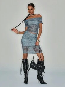 Studio Mila Sanchez 艺术家休闲网眼全身印花露肩修身女式上衣，适合夏季、假日、度假、外出、节日、伊比沙岛装扮、西方服饰 - 藍色 - 查看 7