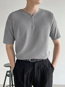 DAZY Suéter de punto de unicolor para hombre, cuarto de cremallera de verano para hombre - Gris Claro - Ver 1