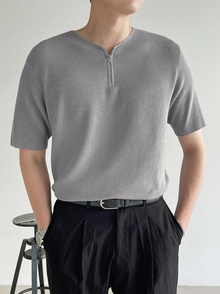 Men's Solid Color Knitted Top, Summer Quarter Zip Men