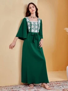 SHEIN Teen Girl Woven Splicing Lace Square Neck Casual Dress - Green - View 4