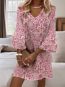 EMERY ROSE Women Fashionable Printed Ruffle Sleeve V-Neck Dress