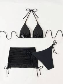 Swim EVENT Ladies' Solid Color Halter Neck Bikini Set, With Separate Bottom, Sexy, With Swim Cover Up Skirt, 3pcs Summer