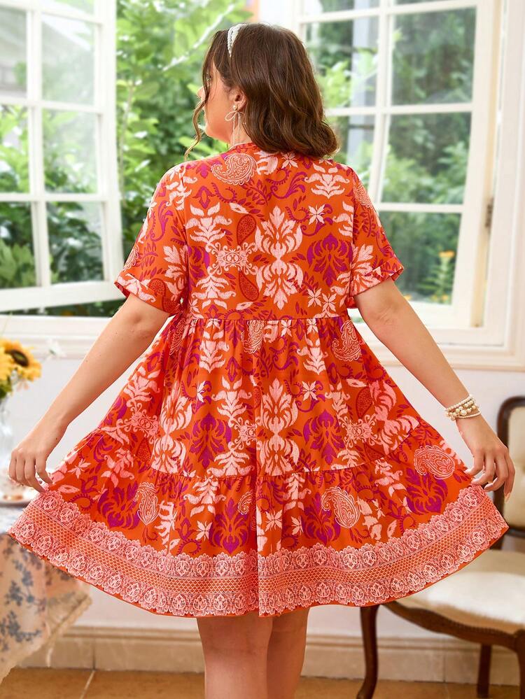 Casual Vacation Multi-Color  Pattern V-Neck Ruffled Plus Size Dress