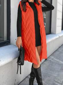 EURMUSE Zip Up Hooded Vest Quilted Coat - Orange - View 3