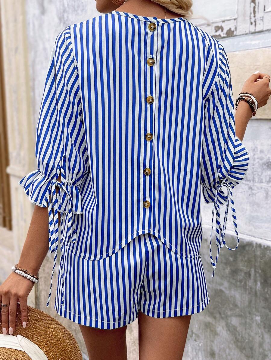 SHEIN LUNE 女士圓領褶皺上衣，後綁帶，扣環條紋兩件套 - 藍白色 - 查看 1
