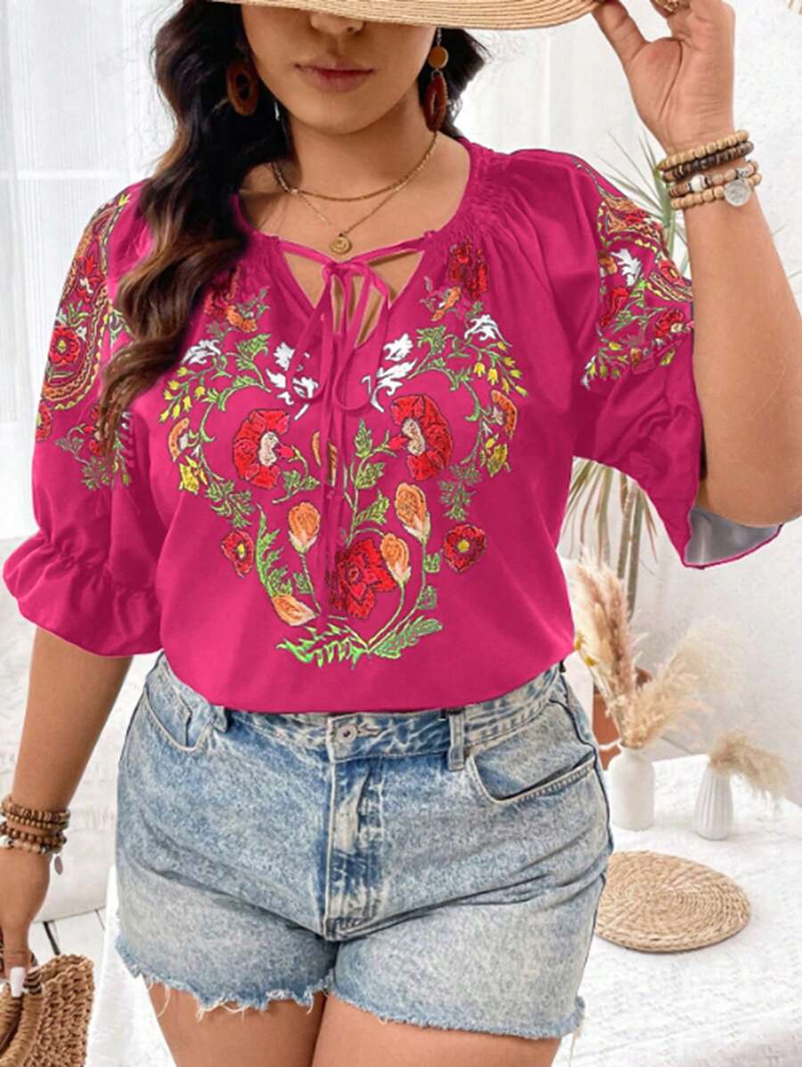 Breezaya Plus Size Tie-Up Floral Pattern Summer Vacation Style Shirt ...