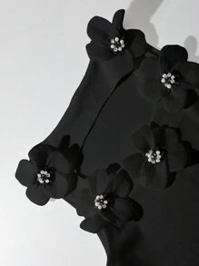 SHEIN Unity 女式夏季无袖上衣，带有 3D 花朵装饰和修身圆领图案 T 恤女式上衣 - 黑色 - 查看 4