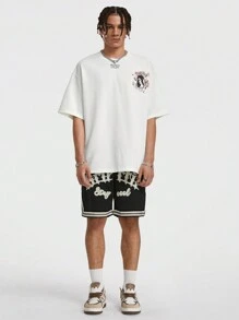 Manfinity NXTstreet Pantalones cortos casuales con cordón y estampado de letras, sencillos, para uso diario de hombres - Negro - Ver 6
