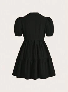 Slaydiva Vestido holgado de manga abullonada con cuello en V y capas de pastel para vacaciones - Negro - Ver 3