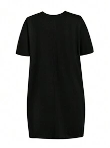 Flirla Floral & Letter Printed Plus Size Women's Loose Fit T-Shirt Dress With Round Neckline And Drop Shoulder Sleeves, For Summer - Black - View 2