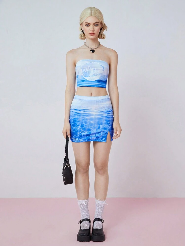 SHEIINneu Women's Summer Fashion Marine Print Slim Fit Slit Hem Mini Skirt