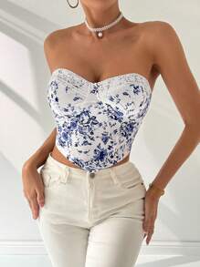 SHEIN Privé Women's Elegant Floral Printed Contrast Lace Tight-Fitting Strapless Top For Summer Daily Wear, Vacation, Romantic Date, Party, And Music Festival - Blue - View 3