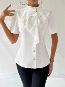 Firerie Women's Elegant Daily/Date/Work/Commute Style Delicate Ruffle Short-Sleeve White Shirt,Short Sleeve Tops - White - View 7