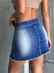 EURMUSE Elastic Mini Sewing Detailed Denim Skirt - Medium Wash - View 2