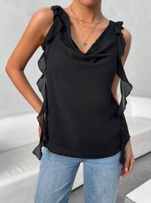Chiquease Women's Fashionable Solid Color Simple Draped Neck Asymmetrical Cut Sleeveless Shirt - Black - View 1
