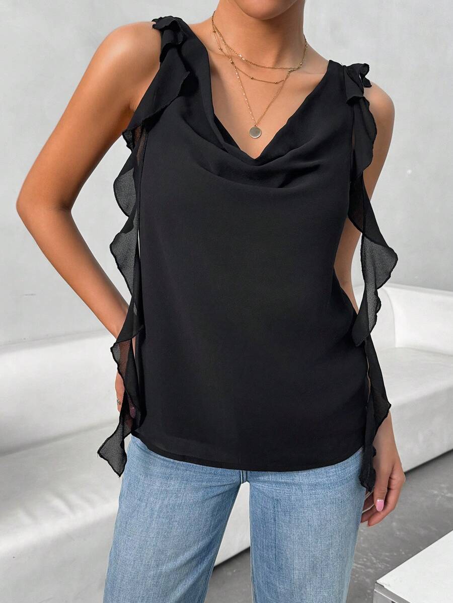Chiquease Women's Fashionable Solid Color Simple Draped Neck Asymmetrical Cut Sleeveless Shirt - Black - View 1
