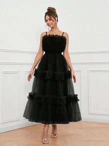 SHEIN Belle Elegant Ruched Ruffle Hem A-Line Women's Evening Dress With Spaghetti Straps (Heavy Version) Prom Semi Formal Wedding Guest Dress, For Birthday, Graduation, Homecoming Party Dress - Black - View 8