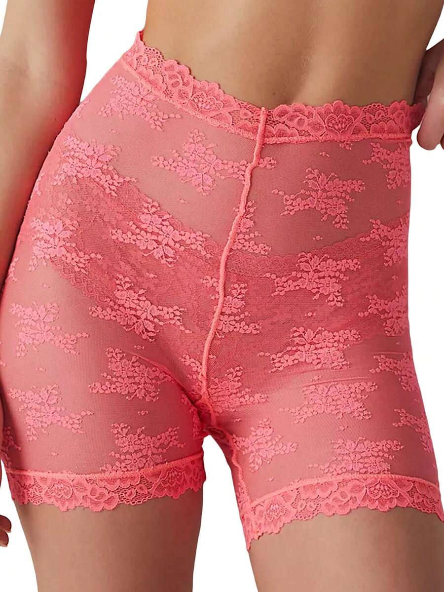 Shorts de encaje transparente en unicolor para mujer - Rosa Fucsia - Ver 1