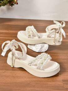 Princess Holiday Pearl Sandals For Women, New Summer Style Thick-Soled Fairy Style Sandals To Match Skirts, Roman Shoes - Beige - View 8