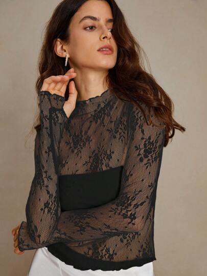 Anewsta Women's Solid Color Lace See-Through Sexy Long Sleeve Top