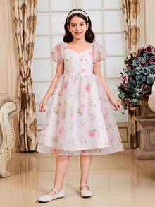 SHEIN DRMZ Tween Girl Tween Girls' Spring/Summer Sweetheart Collar Bubble Sleeve Floral Print Mid-Length Dress - Red - View 4