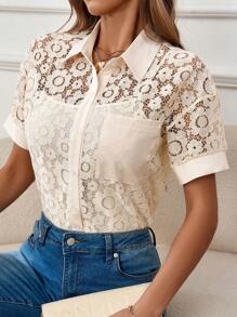 Chiquease Women's Lace Patchwork Floral Romantic Casual Shirt - Beige - View 5