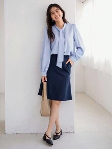 FRIFUL Women's Solid Color Tie Collar Long Sleeve Spring/Summer Shirt - Baby Blue - View 3